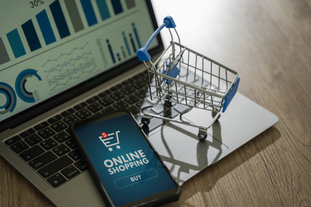 e-commerce marketing online shopping on a laptop Shopping and credit card payments for banking online, paper boxesの写真素材