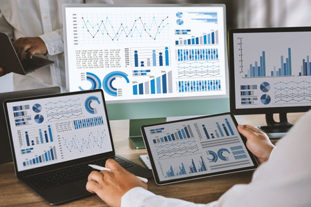 businessman works  Statistics Data Dashboard Information Business Technology and Strategy Research