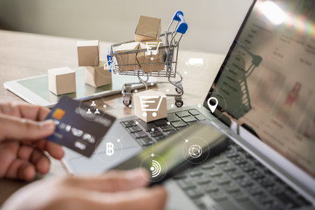 e-commerce marketing online shopping on a laptop Shopping and credit card payments for banking...
