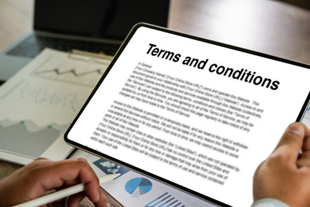 Terms and conditions text in a legal agreement or document about the service of an agreement computer office terms and conditions websiteの写真素材