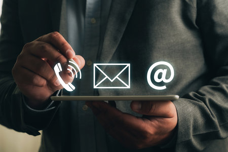 CONTACT US (Customer Support Hotline people CONNECT ) phone application blue backgroundの写真素材
