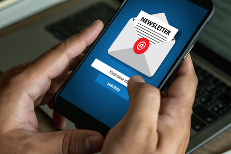 man signup page subscribe newsletter concept on tablet and smartphone screen on mobileの写真素材