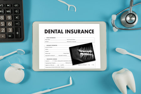 Dental Insurance Toothache Doctor Patient Work Paper, Claim Insurance Saving Benefits and Product, Toothbrush Top Viewの写真素材
