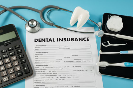 Dental Insurance Toothache Doctor Patient Work Paper, Claim Insurance Saving Benefits and Product, Toothbrush Top Viewの写真素材
