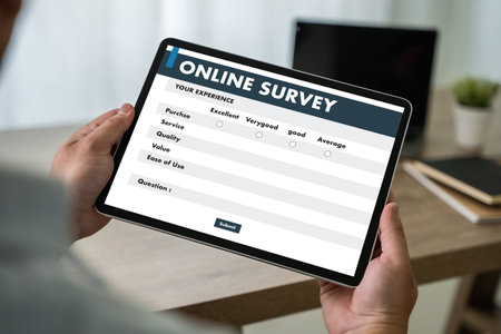 woman person use computer feedback survey online business experience choice customer information to check review form on displayの写真素材
