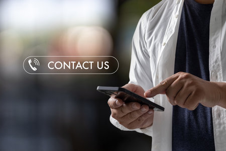 CONTACT US (Customer Support Hotline people CONNECT ) phone application blue background