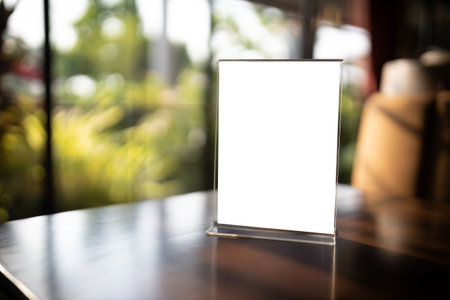 Stand display mockup Menu frame tent card blurred background design key visual layout in cafe space for text promotion to business advertisingの写真素材
