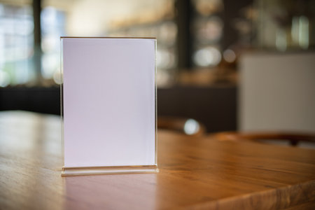 Stand Mock up Menu frame tent card blurred background design key visual layout in cafeの写真素材