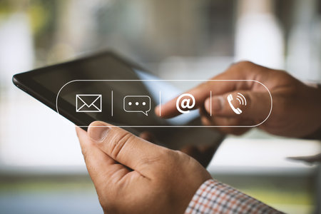Contact Us Customer Support Person Connection CONTACT US (Customer Support Hotline people CONNECT) phone application blue backgroundの写真素材