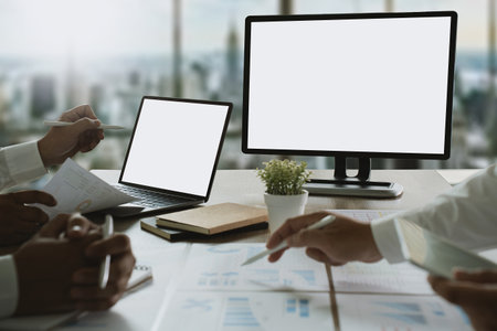 mock up Using laptop with blank screen computer modernの写真素材