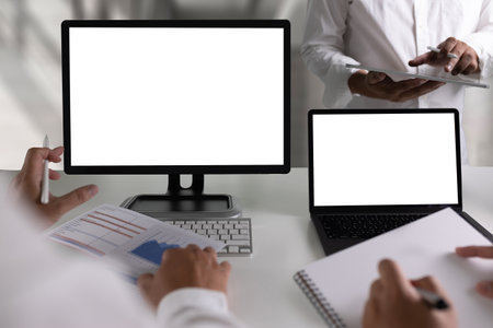 ONLINE ADVERTISING young man working Businessman using a desktop computer of the blank screenの写真素材