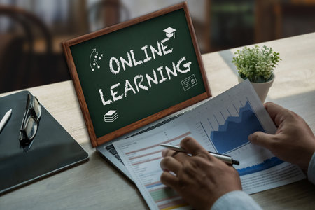 Learning Global Online learning student watching lesson online using laptop education learning online communication technology video call conference connection WEBINAR e-learningの写真素材