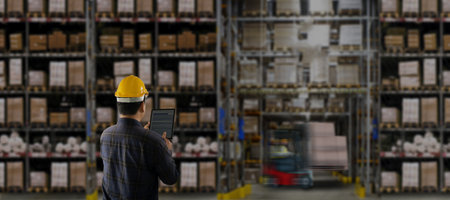 Digital internet network iot Smart logistics Warehouse management innovative software in computer supply chain distribution export order package shipment stock box ai computer check smart factoryの写真素材