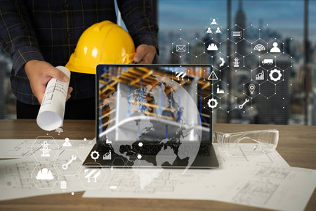Engineer architect industry 4.0 using tablet construction site, industrial and innovation...