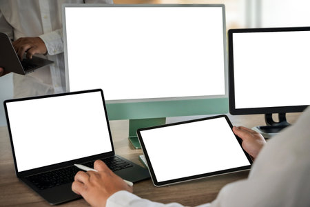 Laptop with blank screen on table. Workspace background new project on laptop computer with blank...