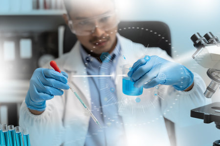 Man doctor biochemical research DNA scientist working with microscopical research in a lab Analysis of Biotechnology Specialist working with Advanced Equipmentの写真素材