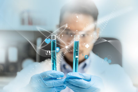 Man doctor biochemical research DNA scientist working with microscopical research in a lab Analysis of Biotechnology Specialist working with Advanced Equipmentの写真素材