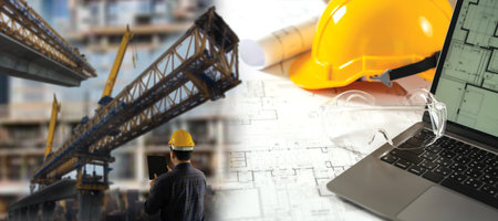 Construction man engineer professional industrial technician and analyze heavy industry and safety building concept project architect project outdoors building construction siteの写真素材