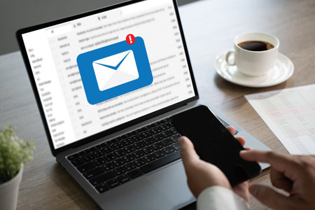 Business  check on phone Mail Communication Connection message to mailing contacts phone Global Letters Conceptの写真素材