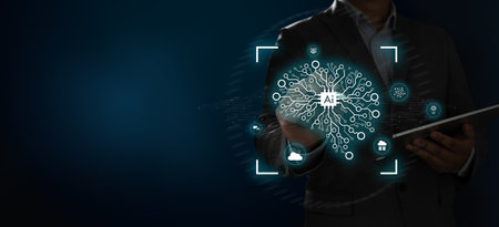 AI, machine learning businessman intelligence artificial technology man using technology smart robot AIの写真素材