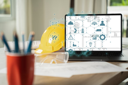 Engineer architect industry 4.0 using tablet construction site, industrial and innovation infographic at building futuristic architect control innovation safety designの写真素材