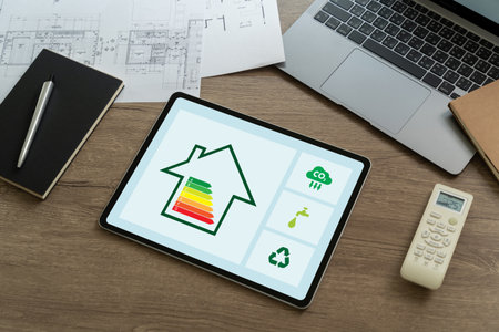 Energy Efficient House man use house icon with energy efficiency scale Invoice And Economyの写真素材