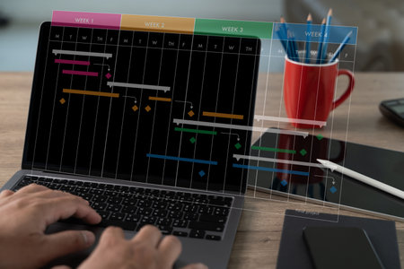 Project manager leading the computer interface update chart scheduling Project on the research and...