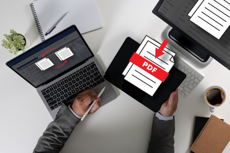 PDF button on screen Laptop computer converting process of document to another format Convert PDF...