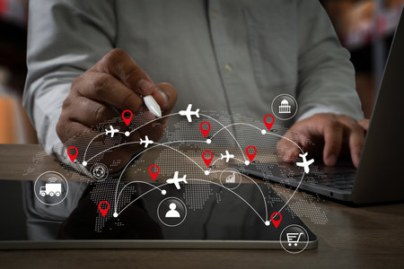 Businessman manager touching tablet Smart system using Chain retail logistics management digital managementの写真素材