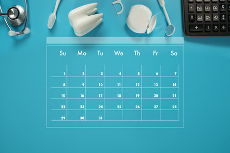 dental plan calendar with the days of the week and the numbers 1-31の写真素材