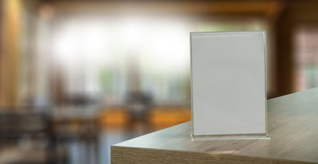 Stand Mock up Menu frame tent card blurred background design key visual layout in cafeの写真素材