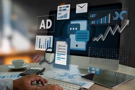 Digital marketing uses technology and strategy to advertise businesses online through websites, social media, and video content, optimizing customer engagement and growth.の写真素材