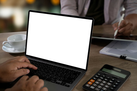 businessman us mockup working  a desktop computer of the blank screen replaces your design mockup in the office.の写真素材