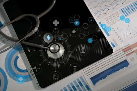 Medical insurance business doctor analyzing medical report Health Futuristic health care technology enhances medical diagnosisの写真素材