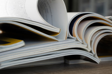 Magazines publication Newspaper and journal books: background and catalog design; article magazine press; newspaper media book knowledge; document advertising datum textbookの写真素材