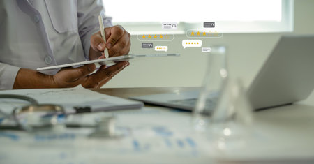 A virtual medical interface displays patient ratings and feedback to evaluate healthcare quality and doctor performance.の写真素材