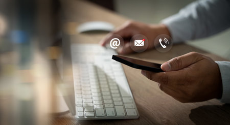CONTACT US (Customer Support Hotline people CONNECT ) call phone, address, Chat messageの写真素材