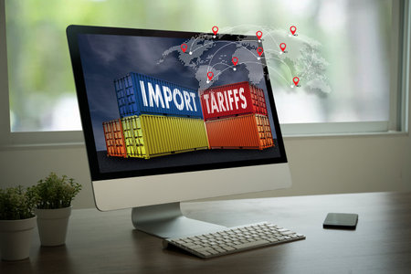 The global economy relies on trade, with import and export affecting market growth, investment, and business strategy, while tariffs, tax, and regulation impact cost and inflation.の写真素材