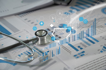Healthcare professional analyzing medical reports Analyze Data Doctors use digital systems and software to analyze patient data, improving diagnosisの写真素材