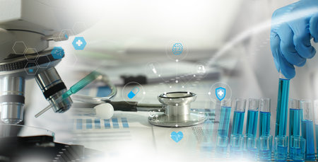 Doctor's workplace stethoscope with virtual electronic medical record of patient digital interfaces to connect data in healthcareの写真素材