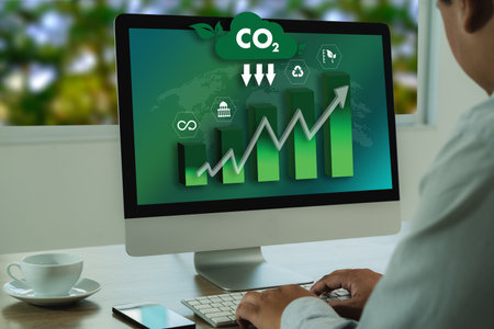 The company strategy focuses on sustainable development, with innovations in renewable energy, carbon reduction, and eco-friendly technology to protect the environment and society.の写真素材