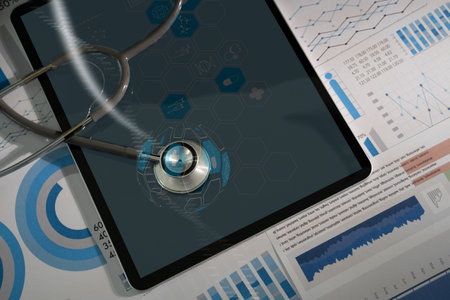 Medical technology healthcare and medicine concept The wooden desk holds medical data, reflecting a modern lifestyle of technology and health care.の写真素材