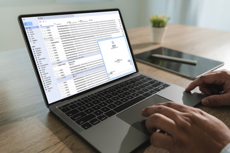 Email message communication man Hands typing on laptop open email and chat business communication contactの写真素材
