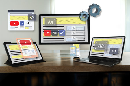 Website Internet Homepage UX developer and Designing a responsive website interface on a laptop at the officeの写真素材