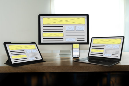 Website Internet Homepage UX developer and Designing a responsive website interface on a laptop at the officeの写真素材