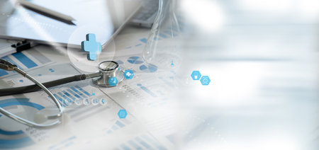 Doctor's workplace stethoscope with virtual electronic medical record of patient digital interfaces to connect data in healthcareの写真素材