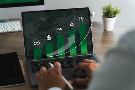 The company strategy focuses on sustainable development, with innovations in renewable energy, carbon reduction, and eco-friendly technology to protect the environment and society.の写真素材