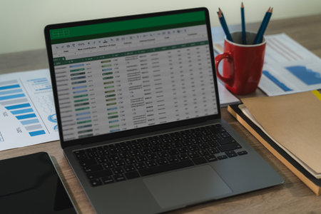 A professional analyst uses digital software and spreadsheets to present finance data, charts, and...