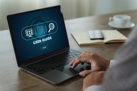Business Service: User Manual Guide, Online Instruction Manual, Client Book on Computer, Strategy Adviceの写真素材