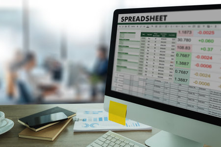 businessman working with data and graphs in spreadsheet documents for online analysis project dashboard accounting digitalの写真素材